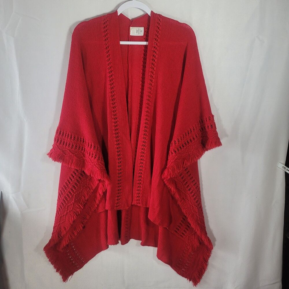 Lulus Red Open Front Fringe Knit Poncho Cardigan Sweater One Size Grandmacore